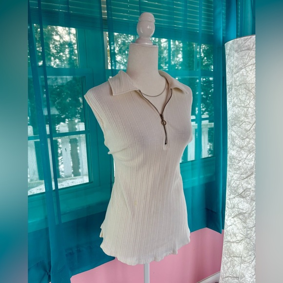 Ella Rafaella Women’s Ribbed Sleeveless Cream Zip Polo Blouse Size 2X - Picture 2 of 6